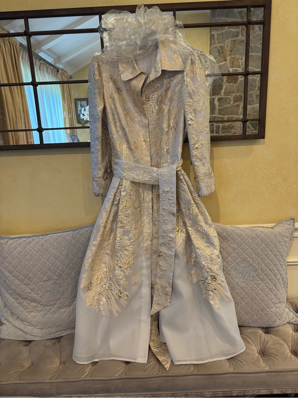 Teri Jon Light Gold Embroidered Long Sleeve Dress Coat